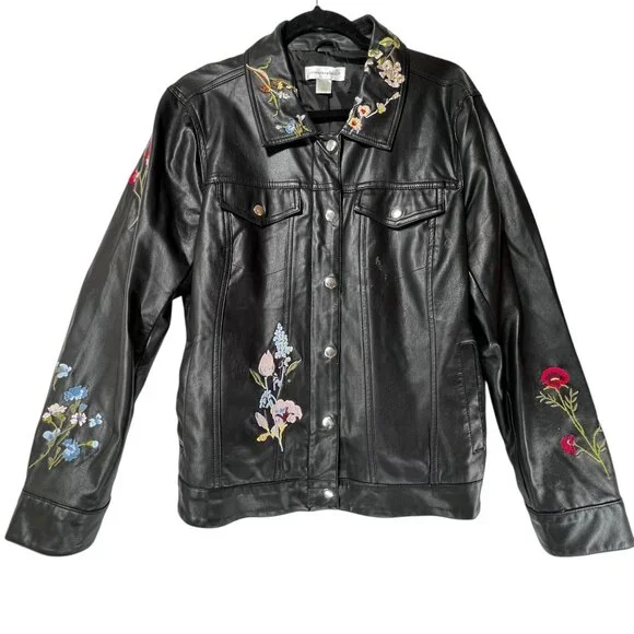Christopher & Banks Black Faux Leather Jacket Floral Embroidery Snap Zip Large - Picture 1 of 16